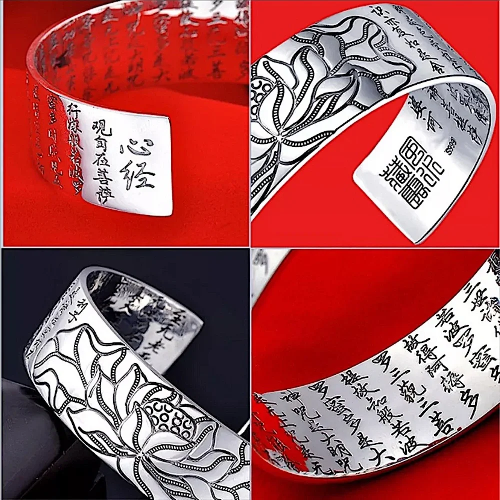 Silver Lotus Flower Cuff Bracelet Heart Sutra Engraved Spiritual Jewelry - Picture 6 of 6